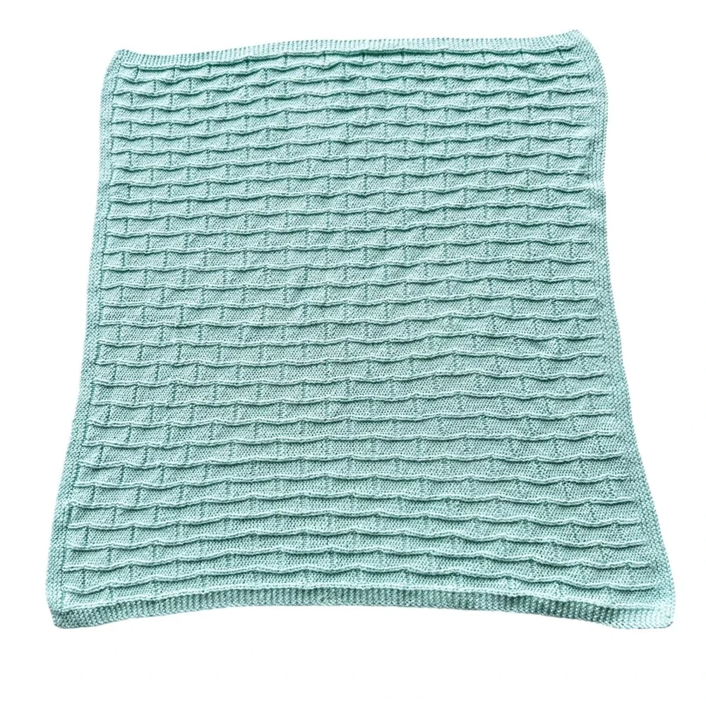 Handmade Mint Green Knit Baby Blanket Basketweave Textured Nursery Throw 33x33